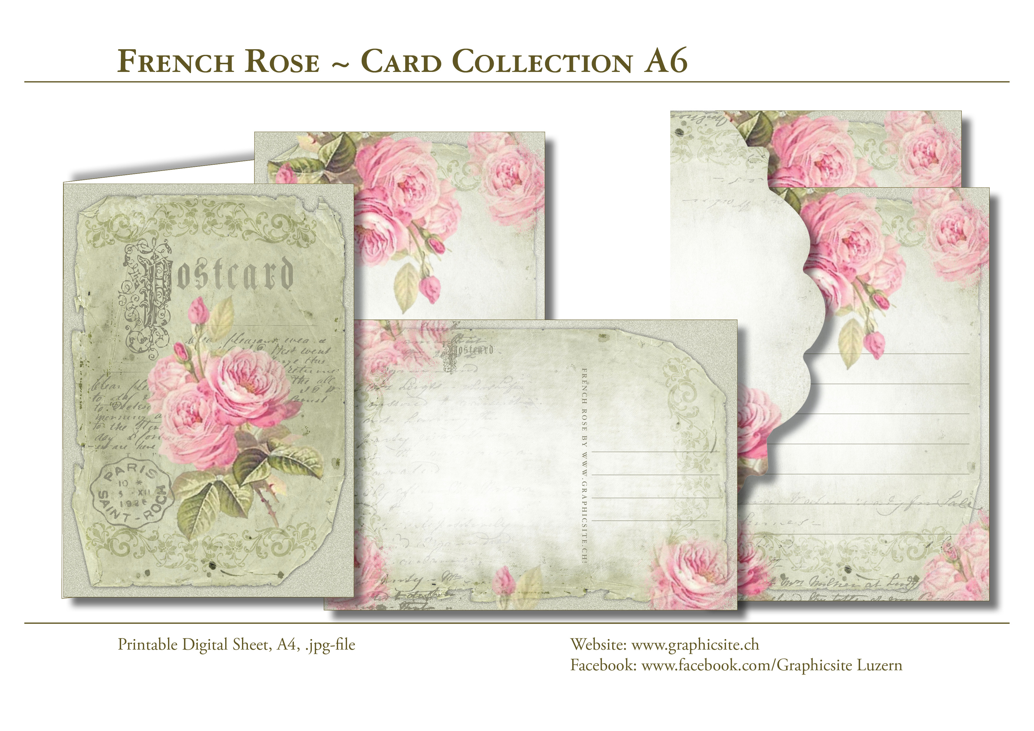 Printable, Digital, Sheets, Greeting Cards, Notecards, Envelop, Postcard, French Rose, Rose, Roses, Flowers, Floral, Vintage, Romantic, Graphic Design, Luzern,